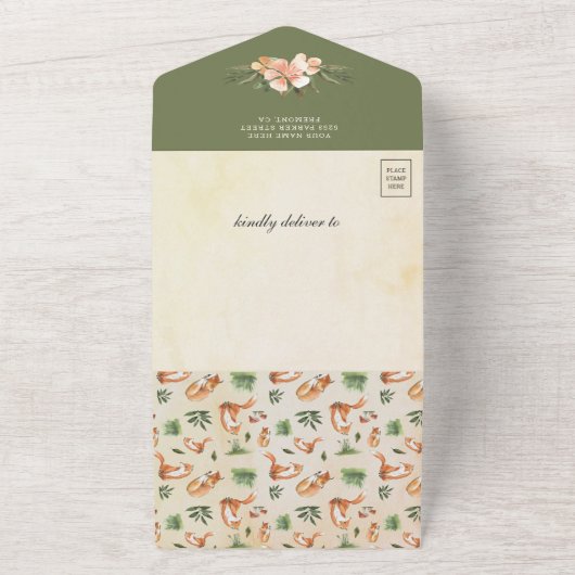 Rustic Woodland Slaapend Fox Baby shower All In One Uitnodiging (Buitenkant)