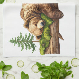 Rustic Woodland Sleeping Beer Waterverf Theedoek