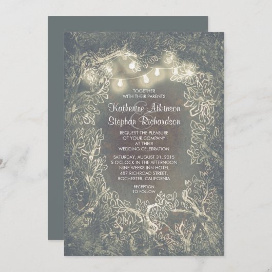 Rustic Woodland String Lights Wedding Invites Kaart (Voorkant / Achterkant)
