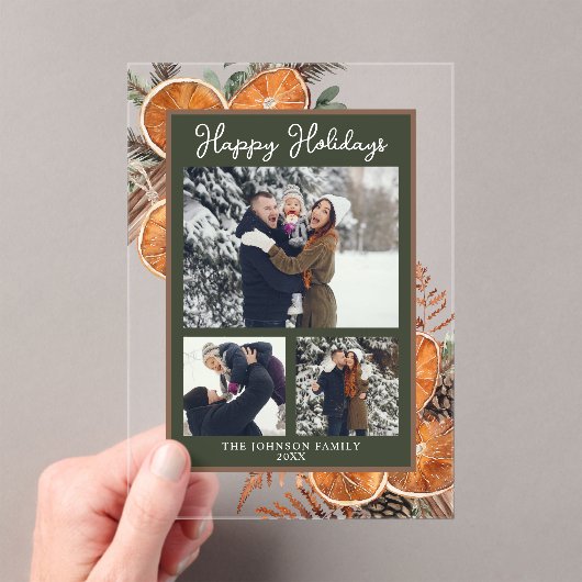 Rustic Woodland Three Foto Kerstvakantie Acryl Uitnodigingen (Insitu (Draagbaar))