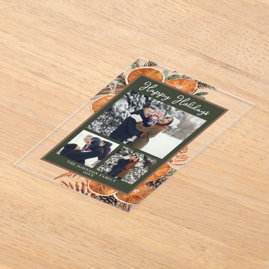 Rustic Woodland Three Foto Kerstvakantie Acryl Uitnodigingen (Laagn)