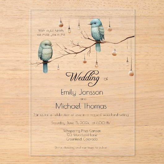 Rustic Woodland Tortelduifjes Celebration Acryl Uitnodigingen (Voorkant)