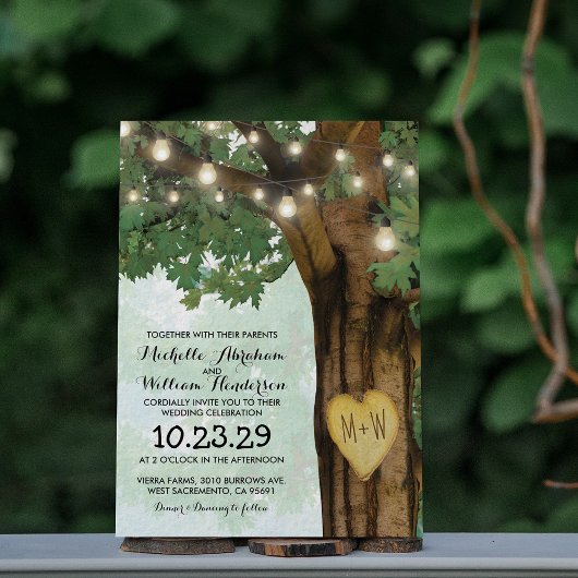 Rustic Woodland Tree Twinkle Lights Wedding Kaart