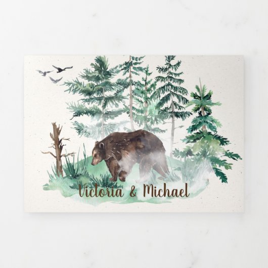Rustic Woodland Waterverf Forest Wedding Tri-Fold Drieluik Uitnodiging (Cover)