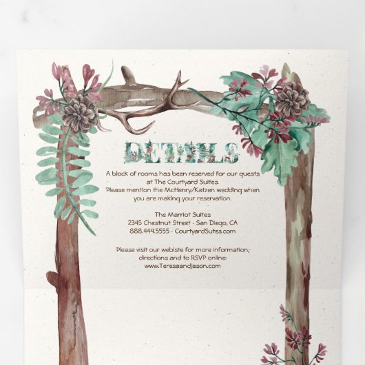 Rustic Woodland Waterverf Forest Wedding Tri-Fold Drieluik Uitnodiging (Binnenzijde eerst)