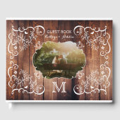 Rustic Woodland Weddenschap Foto Wood Panel Monogr Gastenboek (Voorkant)
