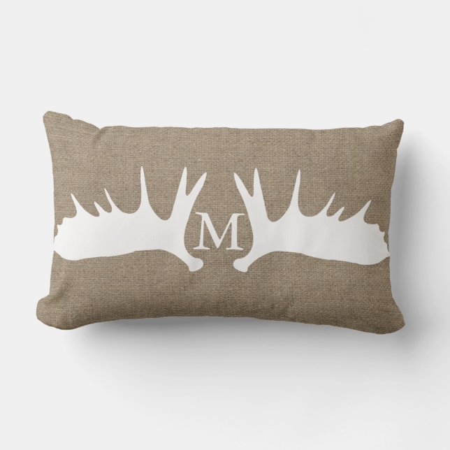 Rustic Woodland White Moose Antlers Faux Burlap Kussen (Voorkant)