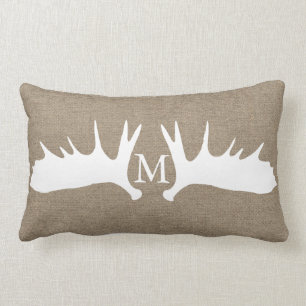 Rustic Woodland White Moose Antlers Faux Burlap Kussen