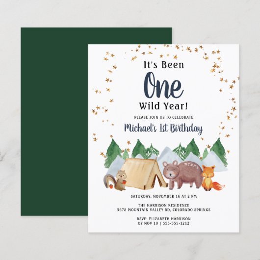 Rustic Woodland Wild One 1st Birthday Party Invita (Voorkant / Achterkant)