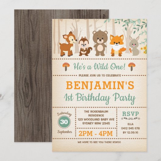 Rustic Woodland Wild One Forest Animals Birthday Kaart (Voorkant / Achterkant)