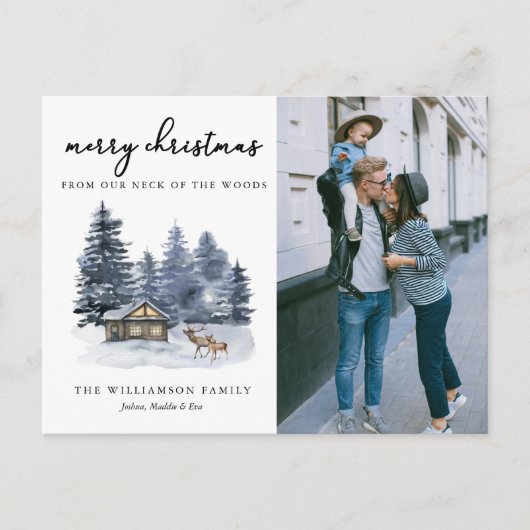 Rustic Woodlands Waterverf Foto Kerst Kaart (Voorkant)