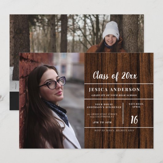 Rustic Woodsy 2 Foto Hout Afstudeerfeest Kaart (Voorkant / Achterkant)