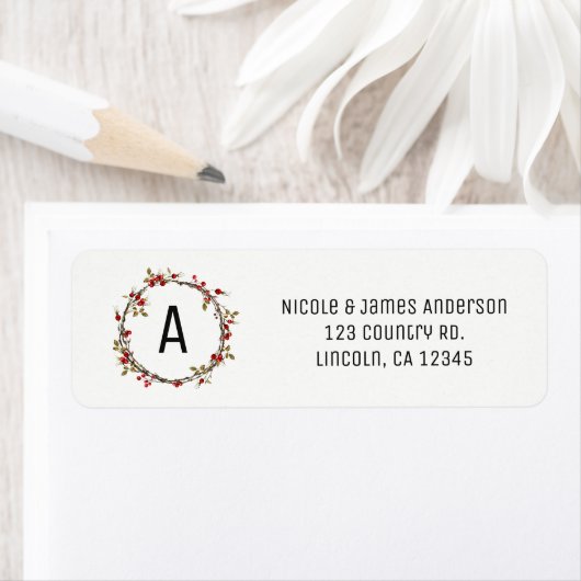 Rustic Woodsy Cranberry Berries Holiday Wreath Etiket (Insitu)