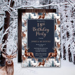 Rustic Woodsy Deer | Forest 18th Birthday Party Kaart<br><div class="desc">Viel zijn verjaardag in roestachtige houtstijl met dit hertenpatroon, een natuur in de openlucht, het ontwerp van de "Birthday Party", met een verscheidenheid aan herten met evergroene bomen, bergen en sneeuw op een witte achtergrond aan de voorkant en een rustige faux donkerhoutachtergrond aan de achterkant. Composietontwerp per feestdag — design....</div>