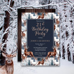 Rustic Woodsy Deer | Forest 21st Birthday Party Kaart<br><div class="desc">Viel zijn verjaardag in roestachtige houtstijl met dit hertenpatroon, een natuur in de openlucht, het ontwerp van de "Birthday Party", met een verscheidenheid aan herten met evergroene bomen, bergen en sneeuw op een witte achtergrond aan de voorkant en een rustige faux donkerhoutachtergrond aan de achterkant. Composietontwerp per feestdag — design....</div>