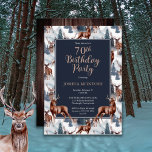 Rustic Woodsy Deer | Forest 70th Birthday Party Kaart<br><div class="desc">Viel zijn verjaardag in roestachtige houtstijl met dit hertenpatroon, een natuur in de openlucht, het ontwerp van de "Birthday Party", met een verscheidenheid aan herten met evergroene bomen, bergen en sneeuw op een witte achtergrond aan de voorkant en een rustige faux donkerhoutachtergrond aan de achterkant. Composietontwerp per feestdag — design....</div>