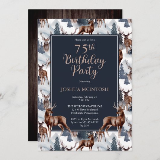 Rustic Woodsy Deer | Forest 75th Birthday Party Kaart (Voorkant / Achterkant)