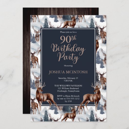 Rustic Woodsy Deer | Forest 90th Birthday Party Kaart (Voorkant / Achterkant)