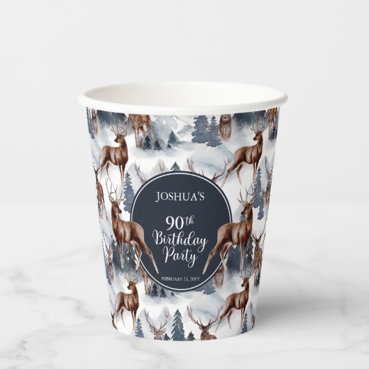 Rustic Woodsy Deer | Forest 90th Birthday Party Papieren Bekers (Voorkant)