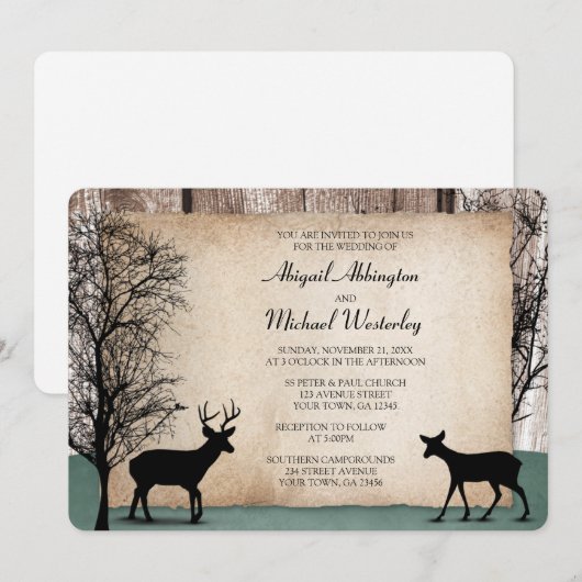 Rustic Woodsy Deer Wedding Invitations Kaart (Voorkant / Achterkant)