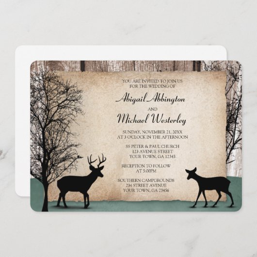 Rustic Woodsy Deer Wedding Invitations Kaart (Voorkant / Achterkant)