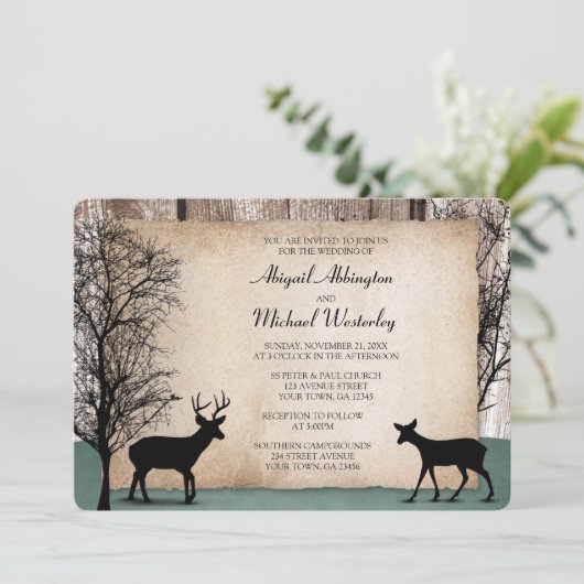 Rustic Woodsy Deer Wedding Invitations Kaart (Staand voorkant)