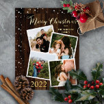 Rustic Woodsy Faux Wood Kerst 4 Foto Folie Feestdagenkaart<br><div class="desc">Rustige houtskous met donker gekleurd hout "Merry Kerstmis", vier foto's met een collage vakantieontwerp met echte gouden folie vooraan en met een sneeuwvlokpatroon boven het donkere hout als achtergrond achteraan. Voeg gewoon uw familienaam en het jaar samen met uw foto's toe om het ontwerp te voltooien. Composietontwerp door Holiday Hearts-Design...</div>