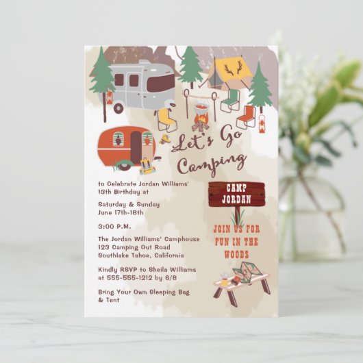 Rustic Woodsy Lets Go Camping 13th Birthday Party Kaart (Staand voorkant)