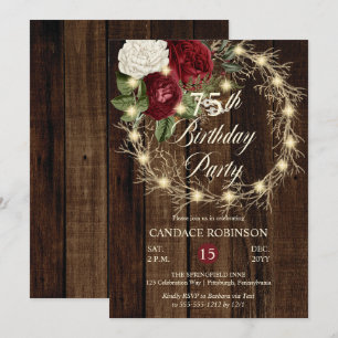 Rustic Woodsy Lighted Wreath 75th Birthday Party Kaart