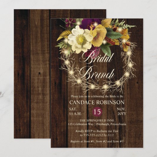 Rustic Woodsy Lighted Wreath Bridal Brunch Invitat Kaart (Voorkant / Achterkant)