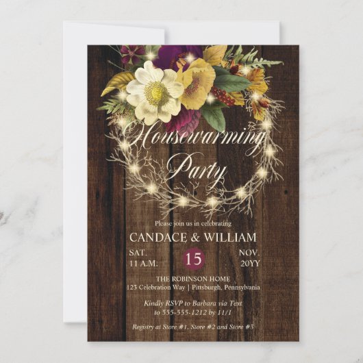 Rustic Woodsy Lighted Wreath Housewarming Party Kaart (Voorkant)