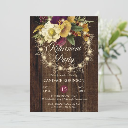 Rustic Woodsy Lighted Wreath Retirement Party Kaart (Staand voorkant)