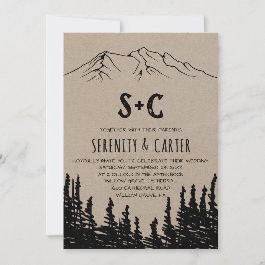 Rustic Woodsy Mountain Monogram Wedding Kaart (Voorkant)