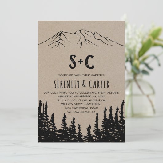 Rustic Woodsy Mountain Monogram Wedding Kaart (Staand voorkant)