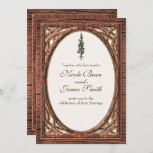 Rustic Woodsy Pine Cone & Tree Two Tone Invitation Kaart