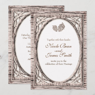Rustic Woodsy Pine Cone White Wood Invitations Kaart