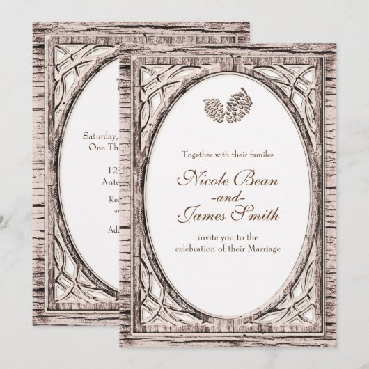 Rustic Woodsy Pine Cone White Wood Invitations Kaart (Voorkant / Achterkant)