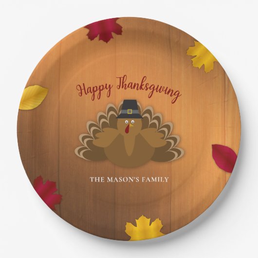 Rustic Woodsy Thanksgiving Turkey & Fall Leaves Papieren Bordje (Voorkant)