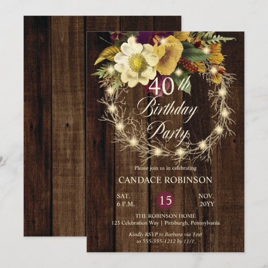 Rustic Woodsy verlicht Wreath 40th Birthday Party Kaart (Voorkant / Achterkant)