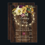 Rustic Woodsy verlicht Wreath 60th Birthday Party Kaart<br><div class="desc">Landskic,  faux lighted,  floral adorned twig met gebroken witte,  Bourgogne en goudtoonbloemen "60th Birthday Party" op een donkergekleurde faux-achtergrond. Dit superieure ontwerp van een composiet ontwerp van de Holiday Hearts-Design (gereserveerde rechten).</div>