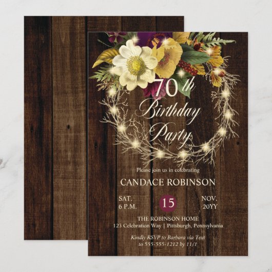 Rustic Woodsy verlicht Wreath 70th Birthday Party Kaart (Voorkant / Achterkant)