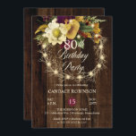 Rustic Woodsy verlicht Wreath 80th Birthday Party Kaart<br><div class="desc">Landkreis,  faux verlicht,  bloemrijke twijg met een gebroken witte,  bruine en goudtoonbloem "80th Birthday Party" op een donkergekleurde faux-achtergrond. Dit superieure ontwerp van een composiet ontwerp van de Holiday Hearts-Design (gereserveerde rechten).</div>