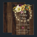 Rustic Woodsy verlicht Wreath 80th Birthday Party Kaart<br><div class="desc">Landkreis,  faux verlicht,  bloemrijke twijg met een gebroken witte,  bruine en goudtoonbloem "80th Birthday Party" op een donkergekleurde faux-achtergrond. Dit superieure ontwerp van een composiet ontwerp van de Holiday Hearts-Design (gereserveerde rechten).</div>
