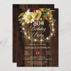 Rustic Woodsy verlicht Wreath 80th Birthday Party Kaart