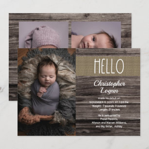 Rustic Woodsy Wood   Burlap Baby Boy Foto geboorte Aankondiging