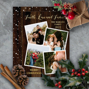 Rustic Woodsy Wood Faith Love and Family 4 Foto F Folie Feestdagenkaart