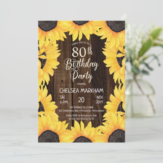 Rustic Woodsy Wood| Zonnebloemen 80th Birthday Par Kaart (Staand voorkant)