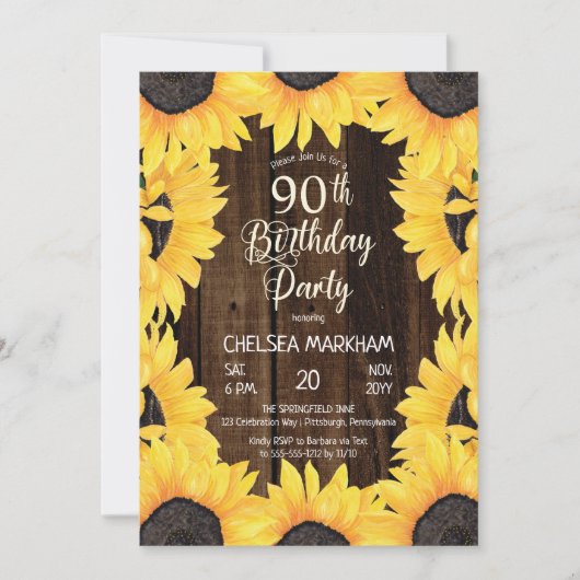 Rustic Woodsy Wood| Zonnebloemen 90th Birthday Par Kaart (Voorkant)