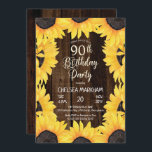 Rustic Woodsy Wood| Zonnebloemen 90th Birthday Par Kaart<br><div class="desc">Rustisch landschurk,  donkergekleurd faux-ontwerp omgeven door prachtige,  zonnige zonnebloemen,  met het ontwerp van de 90e Birthday Party. Composietontwerp door vakantieharten Design (gereserveerde rechten).</div>