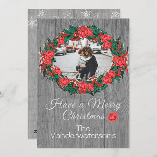 Rustic Wreate Family Foto Gray Wood rozen Feestdagenkaart (Voorkant / Achterkant)